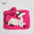 Pink handmade wool felt coin purse featuring a white cat face and pink zipper ball - Bright Pink Animal Patchwork Style (4#)