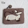 Handmade brown wool felt coin purse featuring white cat applique and zipper closure - Brown White Cat Applique Style (10#)
