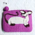 Handmade purple wool felt cat coin purse with white animal pattern and round zipper pull - Purple Animal Collage Pattern Style (17#)