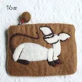 Brown handmade wool felt coin purse featuring a white cat embroidery and a ball charm - Brown Animal Patch Embroidery Style (16#)