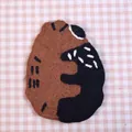 Handmade brown wool felt bear coaster with cute embroidery on pink checkered background - Hugging Bears Style