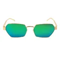 Fashionable geometric gold metal sunglasses with blue-green gradient lenses on white background - Gold Frame Green Mirror