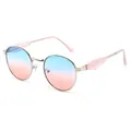 Silberne ovale Sonnenbrille mit blau-rosa Verlaufsgläsern und rosa Bügelakzenten - Normal / Standard-Silberrahmen mit blau-rosa Verlaufsgläsern (inkl. 13 % MwSt.-Rechnung)