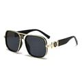 Classic oversized square sunglasses with gold metal frame and rose relief decoration - Gold Frame Grey Lens Black Temples