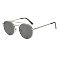 Retro double bridge silver metal sunglasses with engraved temples and dark grey lenses - Silver Frame Grey Lens