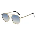 Golden double bridge oval sunglasses with blue-yellow gradient lenses and metal frame - Gold Frame Grey Tea Lens