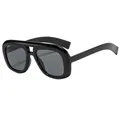 Modern double bridge oversized sunglasses with black frame and dark grey UV lenses - Black Frame Grey Lens