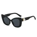 Fashion cat eye sunglasses with black frames and large pearl details on the temples - Black Frame Black Grey Lens