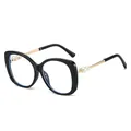 Women's black oversized glasses frame with golden metal pearl temples and blue light lenses - Black Frame Clear Lens