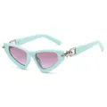 Cat eye triangle sunglasses in mint blue with silver chain temples and purple lenses - Blue Frame Gradient Purple