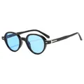 Classic round retro sunglasses with black frames, blue lenses and silver hinge accents - Black Frame Blue Lens
