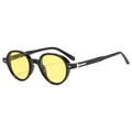 Retro round black sunglasses with vibrant yellow lenses and silver diamond metal rivets - Black Frame Yellow Lens