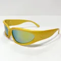 Detail view of bright yellow aerodynamic sports sunglasses with reflective gradient lenses - Gold Frame Gold Mirror