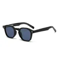 Retro round polarized sunglasses with black frames, blue lenses and silver rivets detail - Black Frame Grey Blue Lens