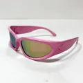 Detail of pink Y2K sports sunglasses featuring iridescent mirror lenses and sleek frame - Pink Frame Pink Mirror