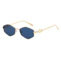 Retro hexagonale Sonnenbrille mit goldenem Metallrahmen und dunkelblauen Gläsern für Damen - Goldener Rahmen Blaue Gläser