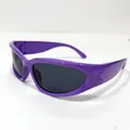 Detail view showing thick carved temples and purple wrap frame of sporty sunglasses - Purple Frame Grey Lens