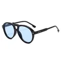 Retro-Pilotensonnenbrille mit Doppelsteg, schwarzem Rahmen und hellblauen Gläsern in Seitenansicht - Schwarzer Rahmen Blaue Gläser