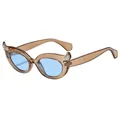 Cat eye sunglasses with amber frames, wing accents and light blue tinted lenses - Tea Frame Blue Lens