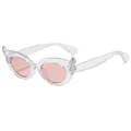 Stylish cat-eye sunglasses with transparent frames and pink lenses with horn detail - Transparent Frame Light Pink Lens