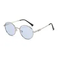 Retro round silver metal sunglasses with light blue lenses and engraved frame detail - Regular / Standard Silver Frame with Blue Lenses