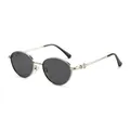 Retro oval metal sunglasses with engraved silver frames and dark protective lenses - Regular / Standard (Incl. 13% VAT Invoice) Silver Frame Full Gray Lenses