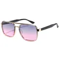 Women's square aviator sunglasses with gold metal frame and blue-pink gradient lenses - Black Gold Frame Gray Pink Lens