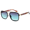 Fashionable square frame sunglasses with gold double bridge and leopard pattern temples - Tortoise Frame Gray Blue Lens