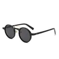 Retro round sunglasses with black frames, dark lenses, and a gold metal double bridge - Sunglasses / Black Frame Grey Lens