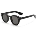 Classic round sunglasses in glossy black frame with grey lenses and silver metal rivets - Glossy Black Frame Grey Lens