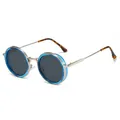 Lunettes de soleil rondes rétro avec accents bleus translucides et branches en argent - Monture Bleue Verres Gris Noir