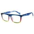 Square sunglasses featuring a bold blue, red, and yellow gradient frame with patterned temples - Blue Red Yellow Gradient Frame Marble Temple Clear Lens