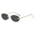 Retro rimless oval sunglasses with grey lenses and gold metal temples on white background - C2 Gold Frame Black Grey Lens