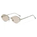 Modern rimless silver metal sunglasses with light brown hexagonal cut-edge lenses - Silver Frame Champagne Lens