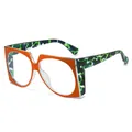Square orange sunglasses with green camouflage print temples and large frame design - Orange Leopard Frame Clear Lens