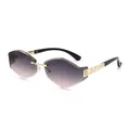 Frameless geometric gradient purple sunglasses with engraved gold metal bridge and hinges - Gold Frame Grey Pink Lens