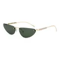 Cat eye sunglasses with dark green lenses, gold metal temples and pearl bead accents - Gold Frame Green