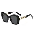 Fashion square oversized sunglasses with chunky black frames and gold chain temples - Black Frame Grey Lens