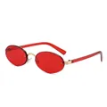 Vintage rimless oval sunglasses with red lenses and gold metal accents on white background - Red