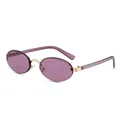 Retro rimless oval sunglasses with purple lenses and gold metal frame for women - Purple