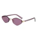 Frameless geometric sunglasses with purple lenses and gold metal frame on white background - Purple
