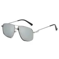 Silver metal pilot sunglasses with double bridge and dark grey rectangular lenses - Silver Frame White Silver Mirror Lens