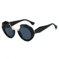 Runde Retro-Sonnenbrille mit geometrisch geschliffenen Bügeln und goldenem Steg - Schwarzer Rahmen Graue Gläser