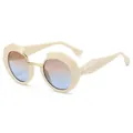 Modische beige geometrische Rund-Sonnenbrille mit blau-braunem Farbverlauf und Metallsteg - Beige Rahmen Braun Blaue Gläser