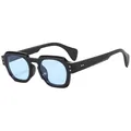 Polygonal black frame sunglasses with light blue lenses and silver rivet accents - Glossy Black Blue