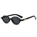 Chic black oval sunglasses with retro small frames and golden metal temple accents - Glossy Black Frame Grey Lens