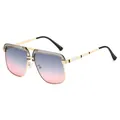 Mens vintage double bridge sunglasses with gold metal frame and blue-pink gradient lenses - C7 Grey Frame Grey Pink Lens