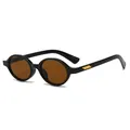 Retro oval black frame sunglasses with tea-tinted lenses and gold temple accents - Shiny Black Frame Tea Lens
