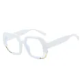 Fashionable oversized white sunglasses with gold metal edges and blue reflective lenses - C14 White Frame Clear Lens