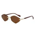 Rimless geometric sunglasses with wood temples and brown tinted diamond cut lenses - Gold Frame Tea Lens